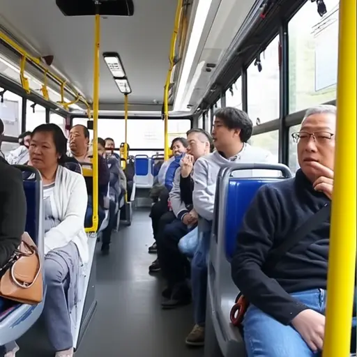 公共汽车上有很多游客。