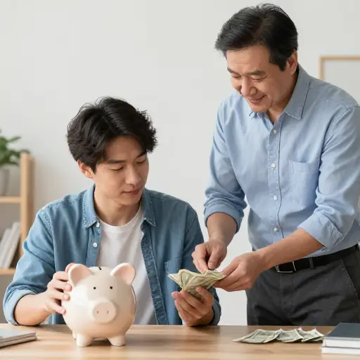 我正在攒钱买车，爸爸给了我一些钱来帮助支付。