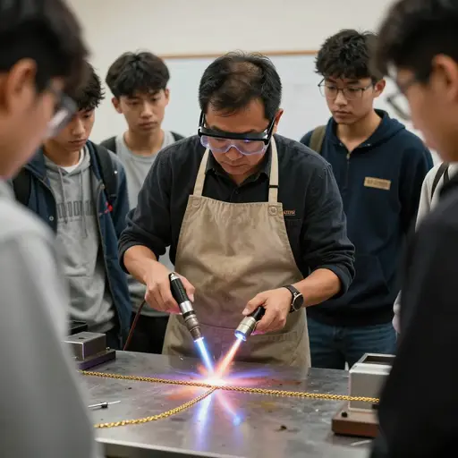 在工作坊中，讲师演示了如何焊接一条断裂的项链。