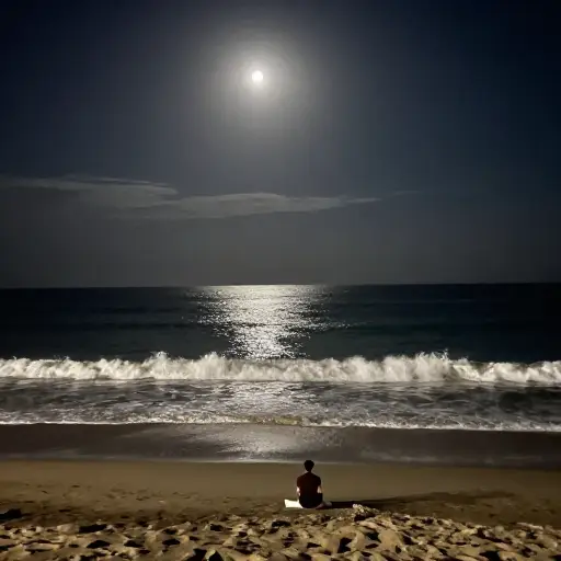夜晚，我聆听着海浪拍打海岸的声音。