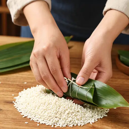 她用竹叶把糯米包起来。