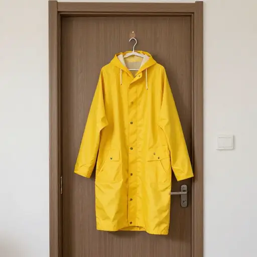 我的黄色雨衣在门后面。