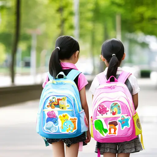 孩子们在书包上贴满了卡通贴纸。
