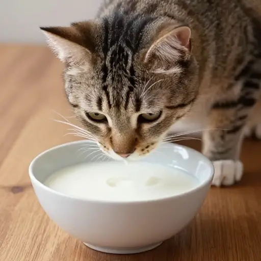 这只猫在喝牛奶。