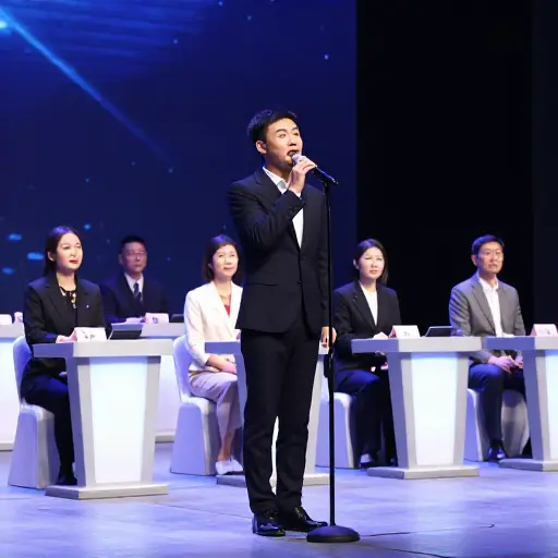 参赛者在试镜时在评委面前唱歌。