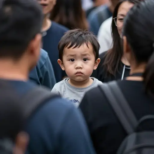 那个孩子在人群中迷路时感到无助。