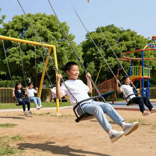 孩子们喜欢在游乐场的秋千上荡来荡去。