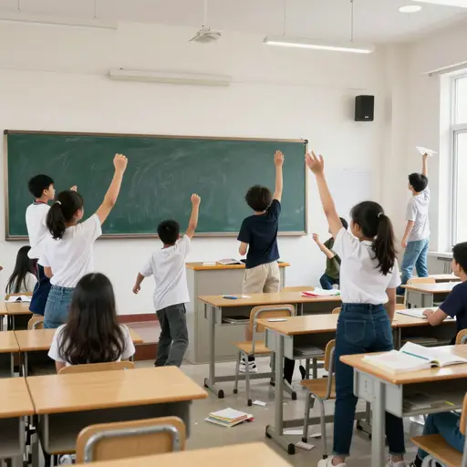 老师离开房间后，学生们开始行为失控。