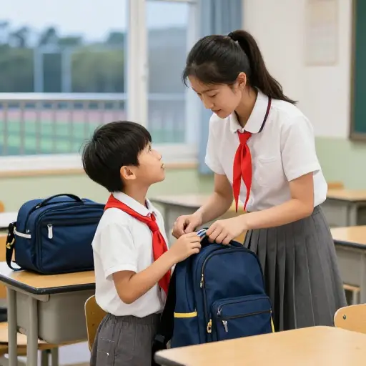 放学后她照顾弟弟。