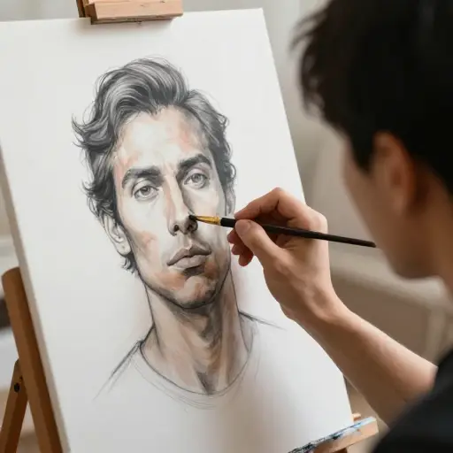 画家画笔的每一笔都为肖像增添了细节。