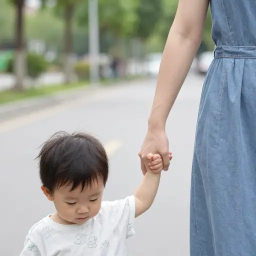 孩子不肯松开他妈妈的手。