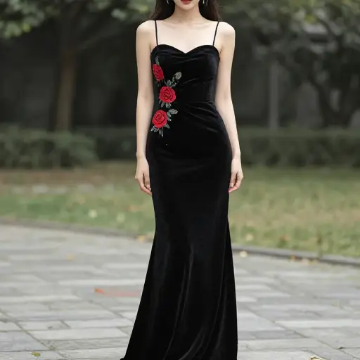 她穿着一件长款黑色天鹅绒晚礼服，上面覆盖着大红色玫瑰图案。