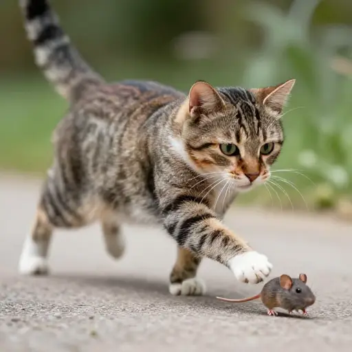 猫以迅速的动作抓住了老鼠。