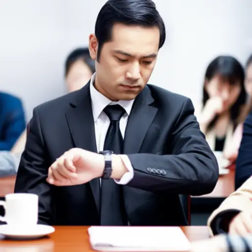 漫长的会议让他感到无聊，不停地看手表。