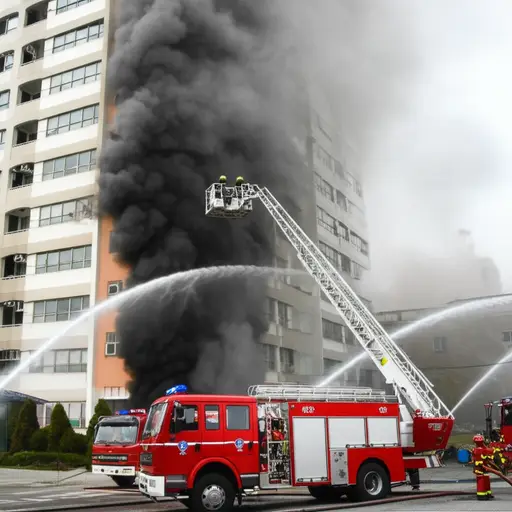 消防员勇敢地进行了一次危险的救援，把人们从燃烧的大楼里救了出来。