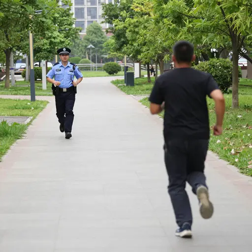 警察用身体力量制服了逃跑的嫌疑人。