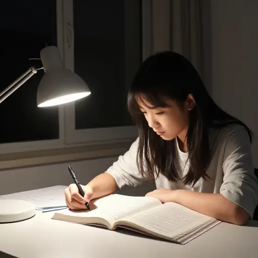 她熬夜学习，准备期末考试。