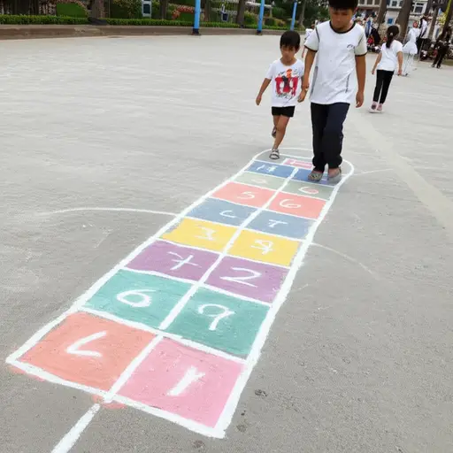 孩子们在人行道上玩跳房子游戏。