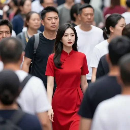 她穿着红色裙子在人群中格外显眼。