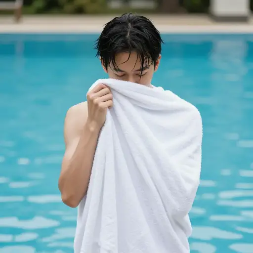 游完泳后，我用一条干的大毛巾把自己裹了起来。