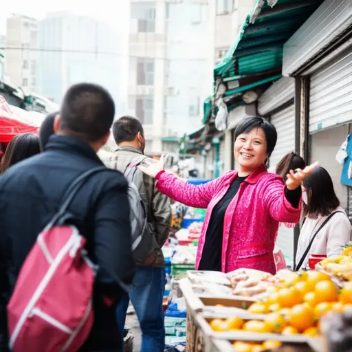 集市上的那个吆喝者用夸张的语气吸引顾客。