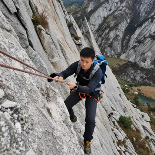 登山者紧张地紧紧抓住安全绳，同时低头看向下方令人眩晕的陡坡。
