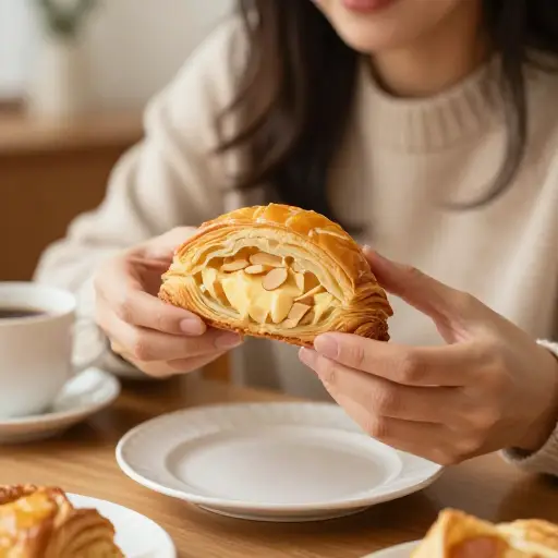 早餐时，她享用了一个美味的、填充了杏仁奶油的酥皮糕点。