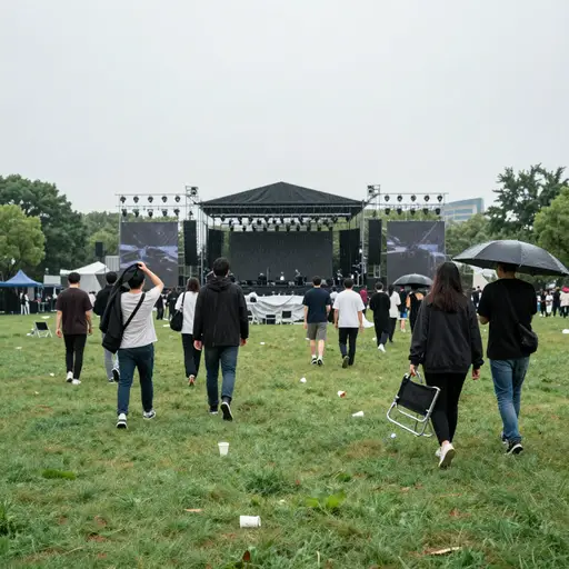 户外音乐会因突如其来的雷雨取消后，人群迅速散去了。