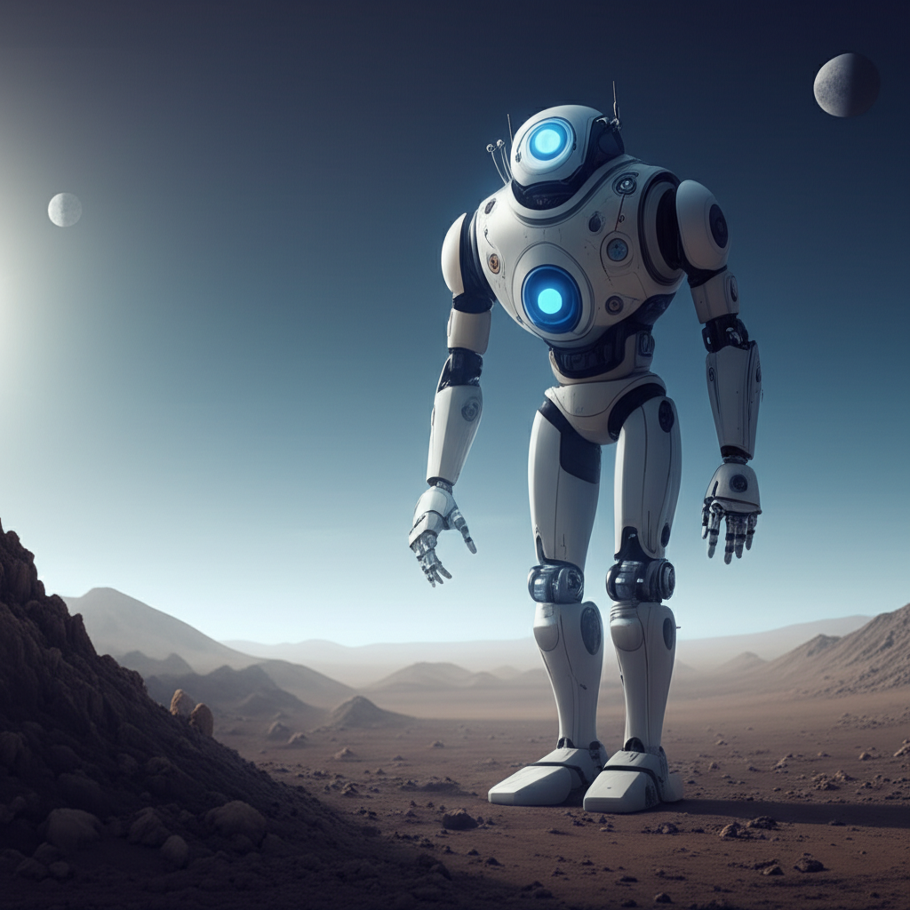 一个巨大的机器人矗立在荒凉的星球表面。