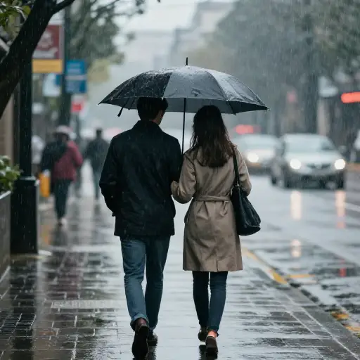 雨下得很大。尽管如此，我们还是决定去散步。