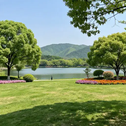 这个公园很美，周围的区域也非常风景如画。