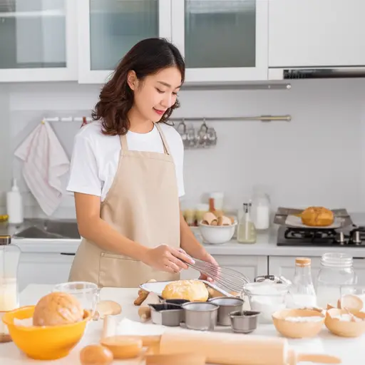 她对烘焙简直着迷，厨房里堆满了各种工具。
