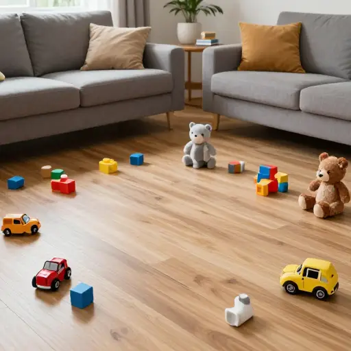 孩子们的玩具散落在客厅地板上。