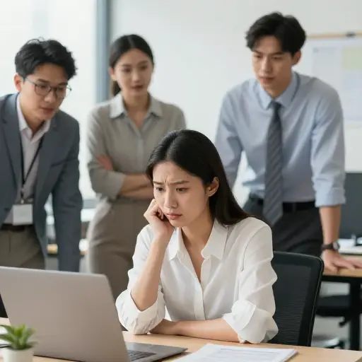 与同事相比，她被自卑感所困扰。