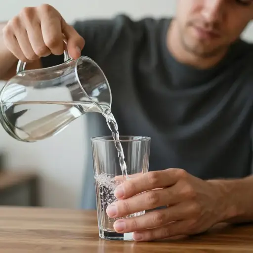 他小心翼翼地把水倒进玻璃杯里。
