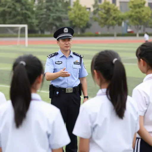 那名警官正在和学生们交谈。