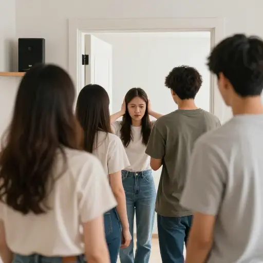音乐越来越响，所以我们离开了房间。