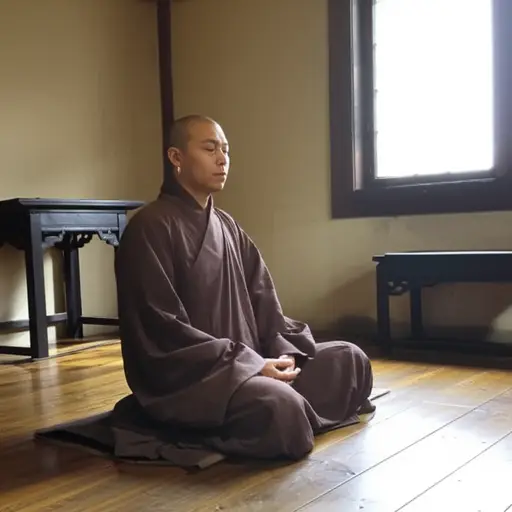 修道士独自一人在小房间里冥想。