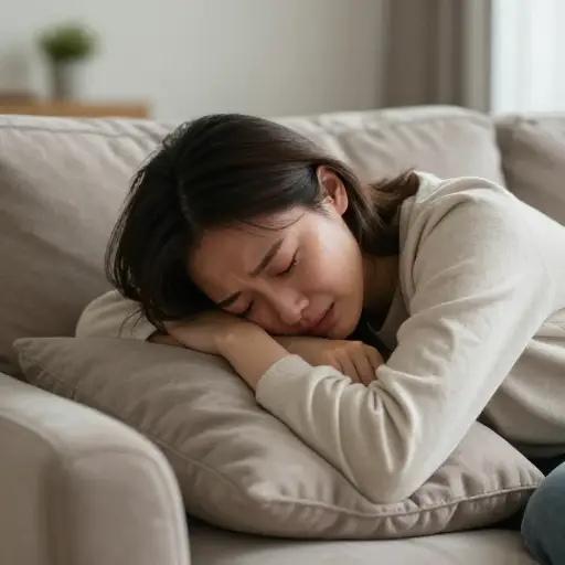 被悲伤淹没，她把头埋在靠垫里无声地哭泣。