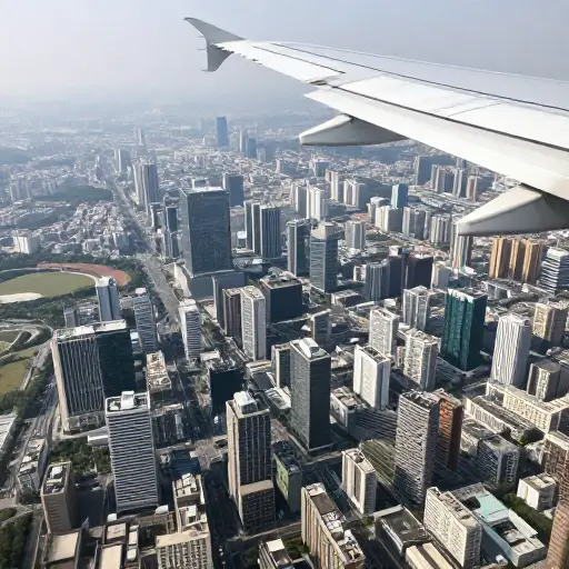 我们在城市上空高高地飞行。