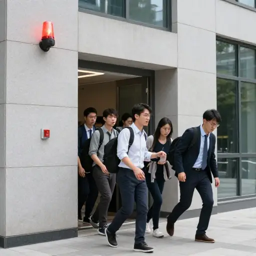 火警响起时，所有人都立即逃离了建筑。