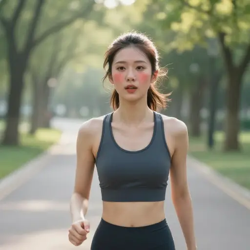 晨跑后，她的脸上泛着健康的红润。