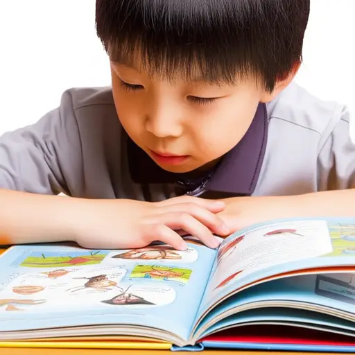 他正在看一本关于动物的有趣的书。