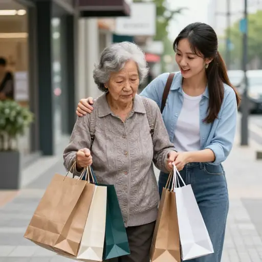 当她看到那位老妇人艰难地提着袋子时，她毫不犹豫地上前帮忙。