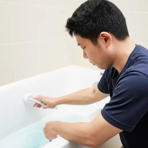 他正在用刷子用力擦洗浴缸。