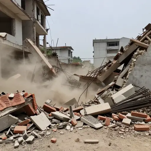 建筑物在地震袭击时坍塌了。