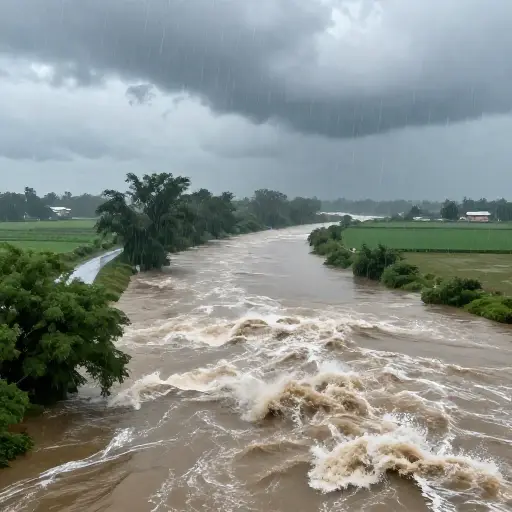 由于持续不断的大雨，河流冲破了河岸，猛烈地泛滥。