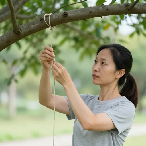 她小心地把绳子从树枝上解下来。
