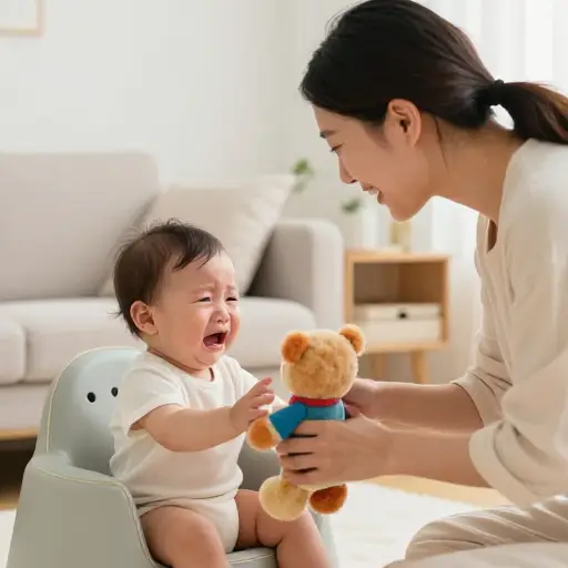 她给哭闹的婴儿一个玩具以安抚他。