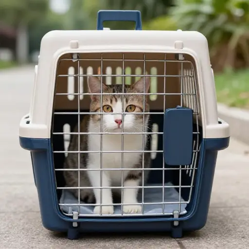 出发前把猫放进宠物箱里。